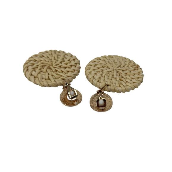 Rattan Earrings Basket Weave Raffia Hammered Gold Boho Vintage Inspired - Picture 5 of 5
